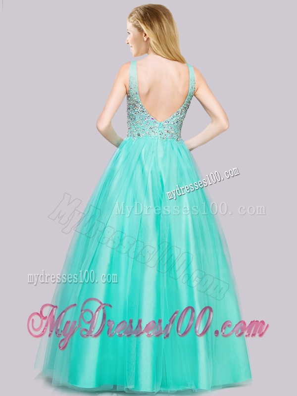Hot Sale Beaded Bodice Turquoise Evening Dress with V Neck