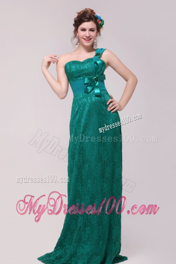 Informal Column One Shoulder Floor-length Lace Green Evening Dresses