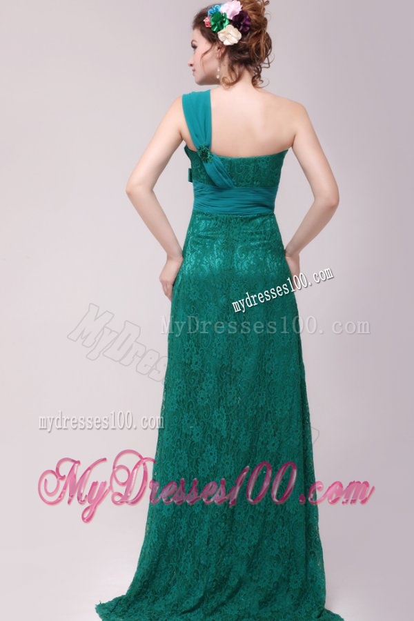Informal Column One Shoulder Floor-length Lace Green Evening Dresses