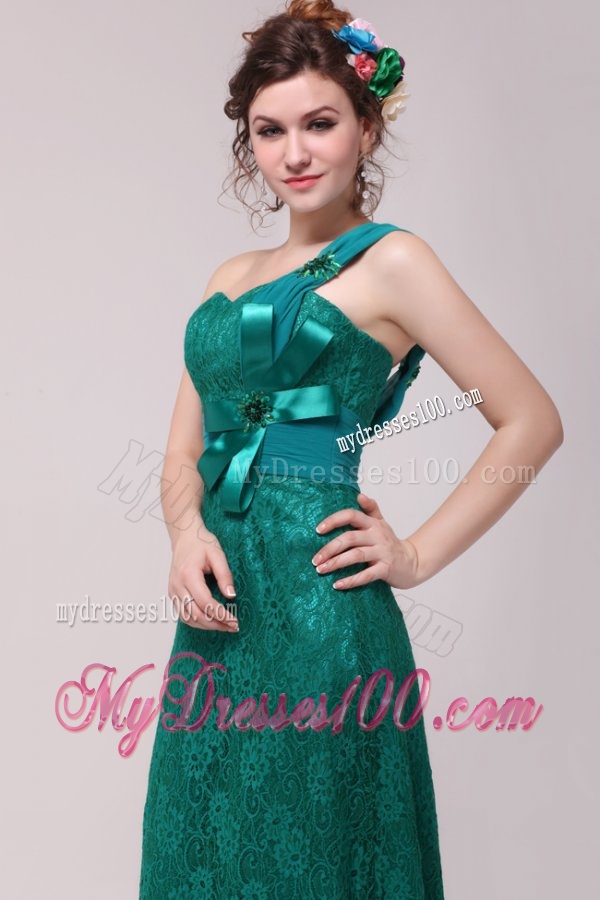 Informal Column One Shoulder Floor-length Lace Green Evening Dresses