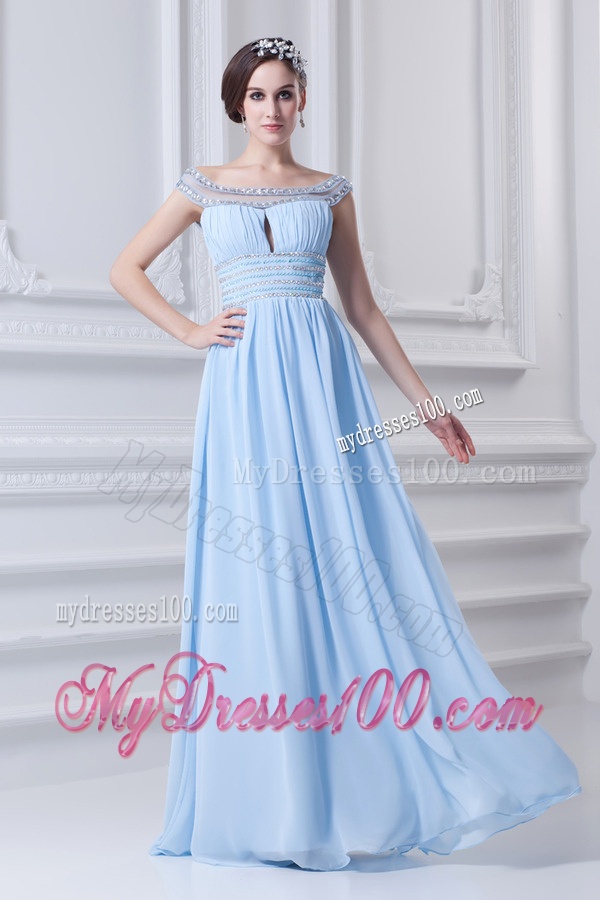 Light Blue Off The Shoulder Empire Chiffon Evening Dress with Beading and Ruching