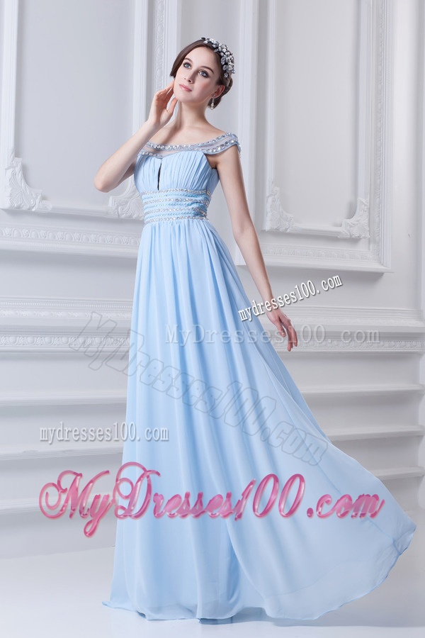 Light Blue Off The Shoulder Empire Chiffon Evening Dress with Beading and Ruching