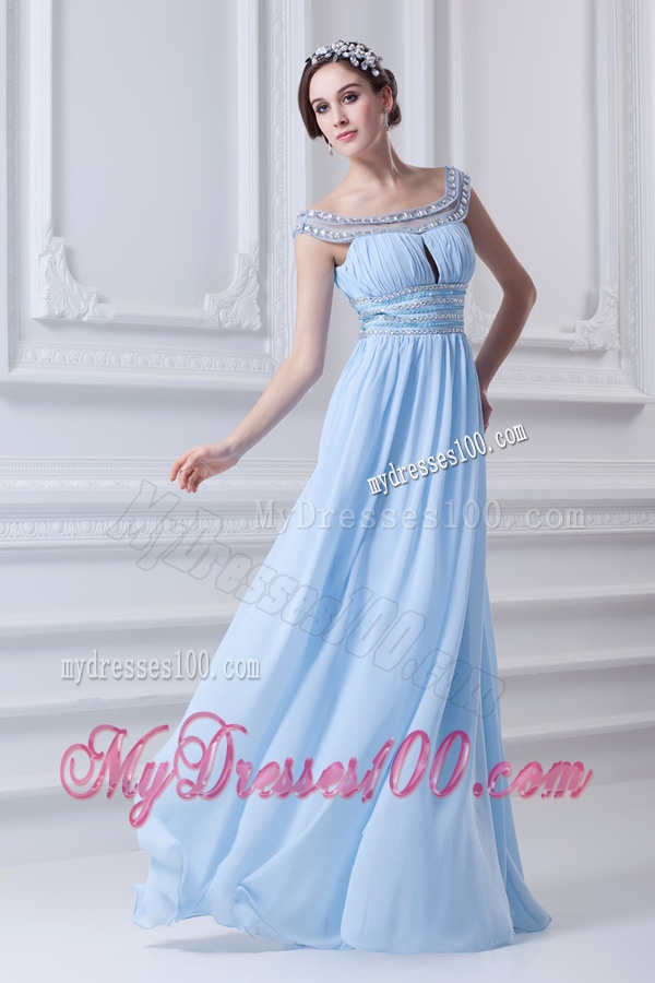 Light Blue Off The Shoulder Empire Chiffon Evening Dress with Beading and Ruching