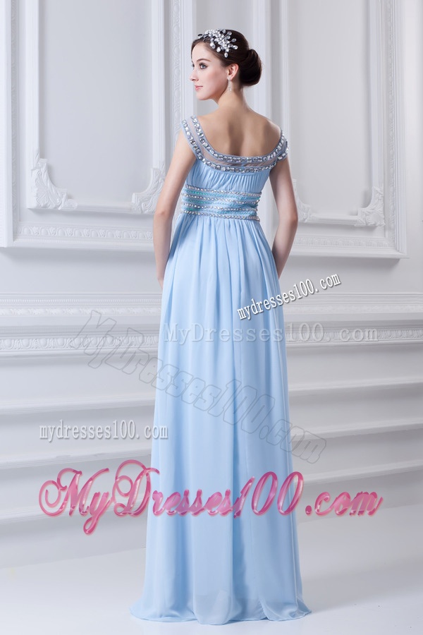 Light Blue Off The Shoulder Empire Chiffon Evening Dress with Beading and Ruching