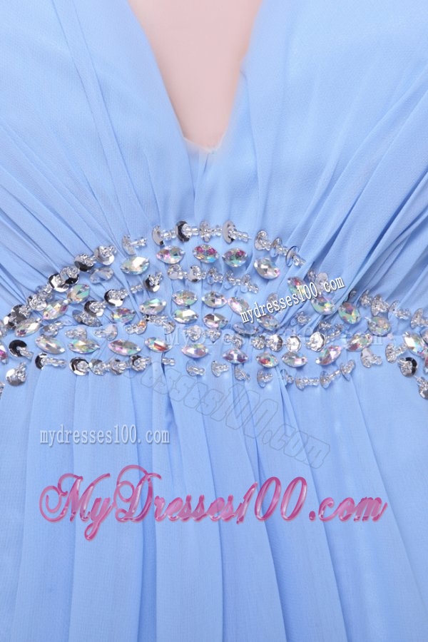 Light Blue V-neck Beading and High Silt Evening Dress in Chiffon