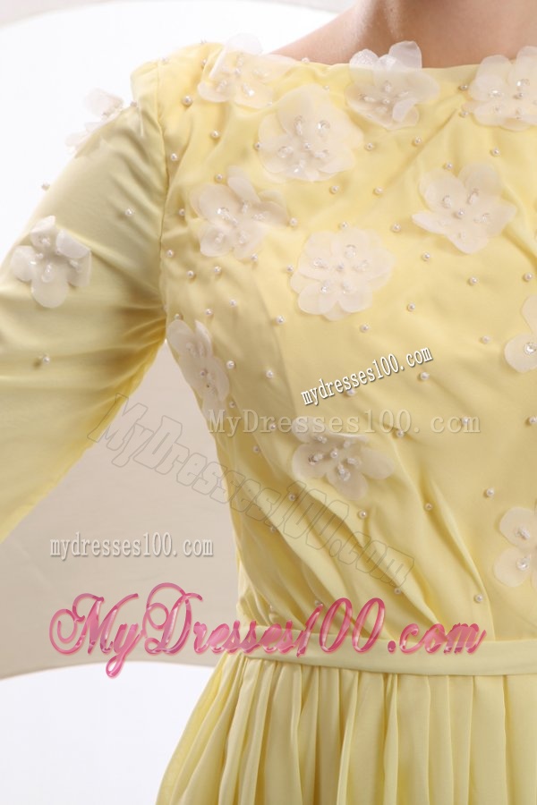 Light Yellow Empire Bateau Appliques with Beading Short Sleeves Evening Dress