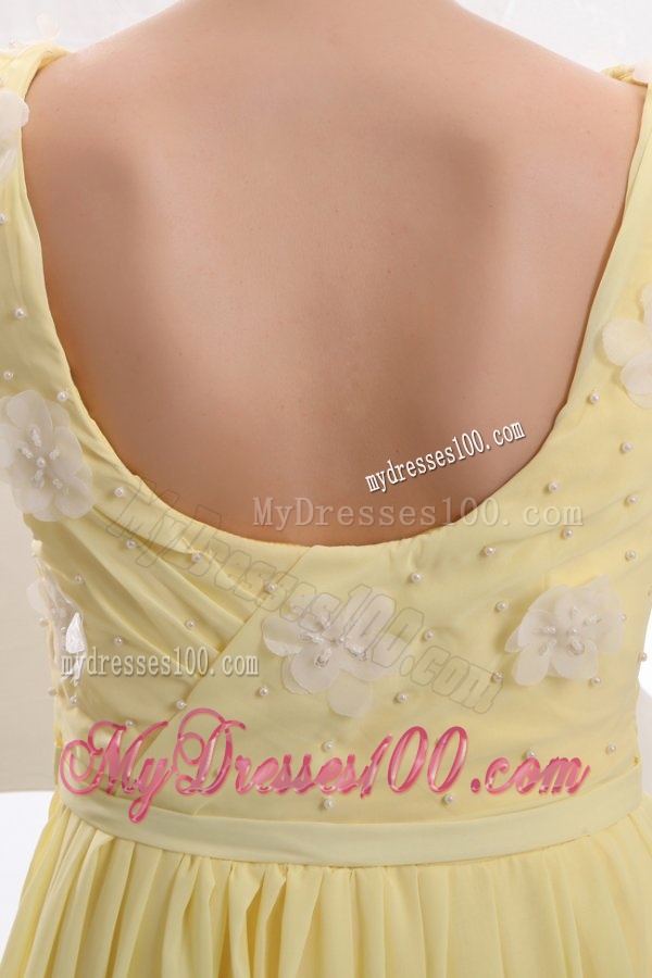 Light Yellow Empire Bateau Appliques with Beading Short Sleeves Evening Dress