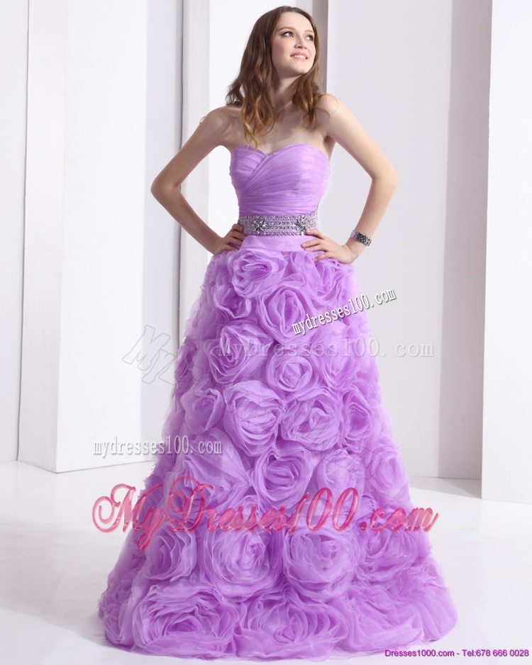 Lilac Sweetheart Evening Dresses with Rolling Flowers and Sequins