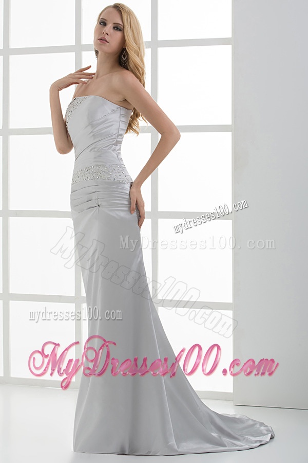 Mermaid Strapless Beading and Ruching Brush Train White Evening Dress