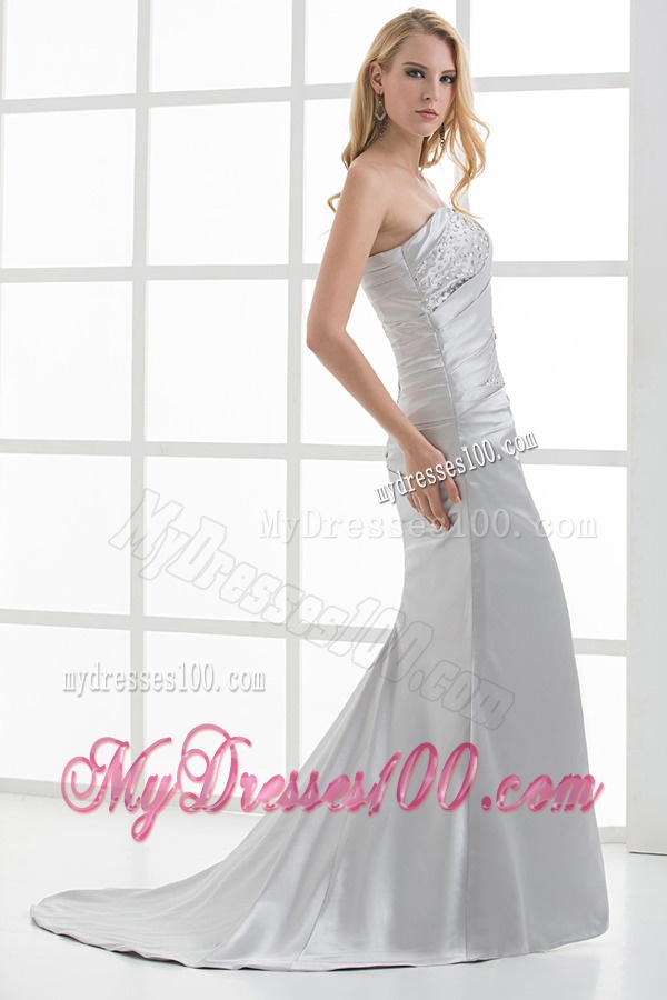 Mermaid Strapless Beading and Ruching Brush Train White Evening Dress