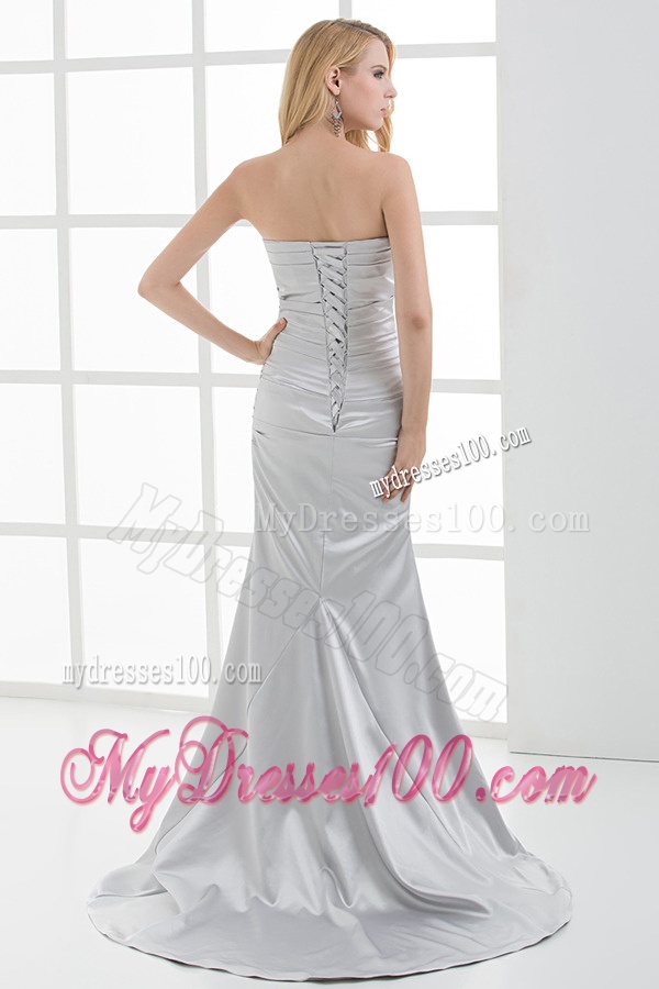 Mermaid Strapless Beading and Ruching Brush Train White Evening Dress