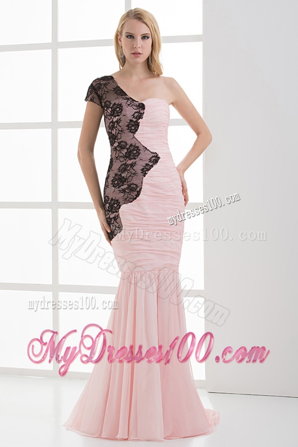 Mermaid Sweetheart Ruching Chiffon Lace Light Pink Evening Dress
