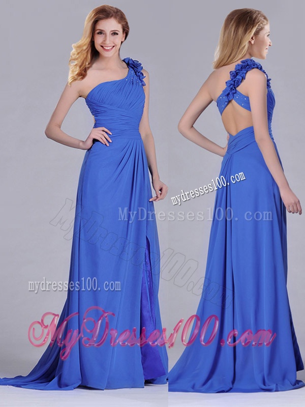 Modest Beaded and Applique Criss Cross Evening Dress with Brush Train