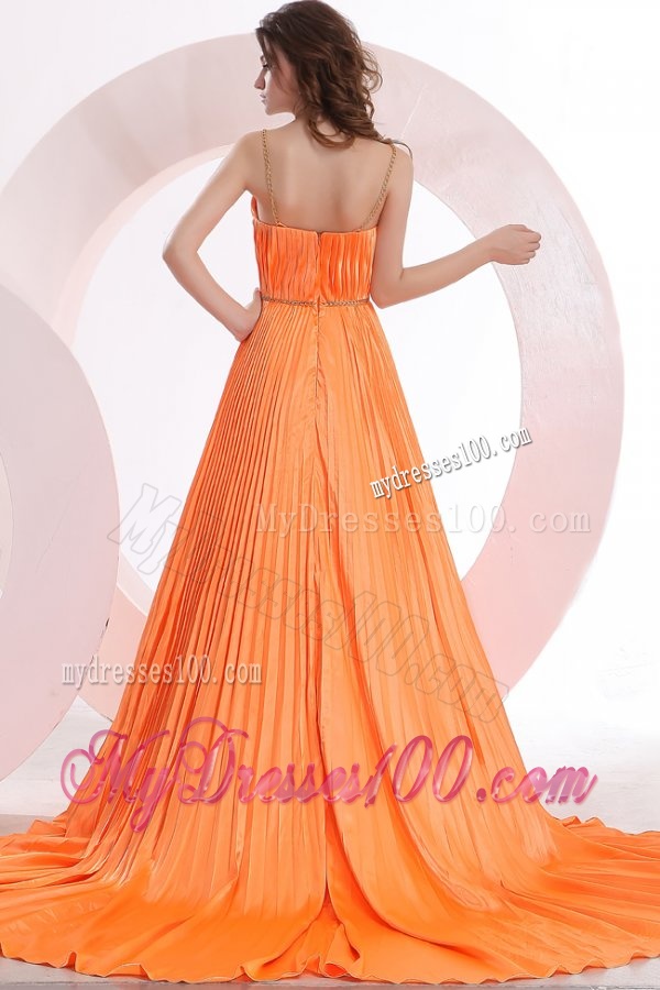 Modest Princes Straps Court Train Taffeta Orange Evening Dress with Ruching