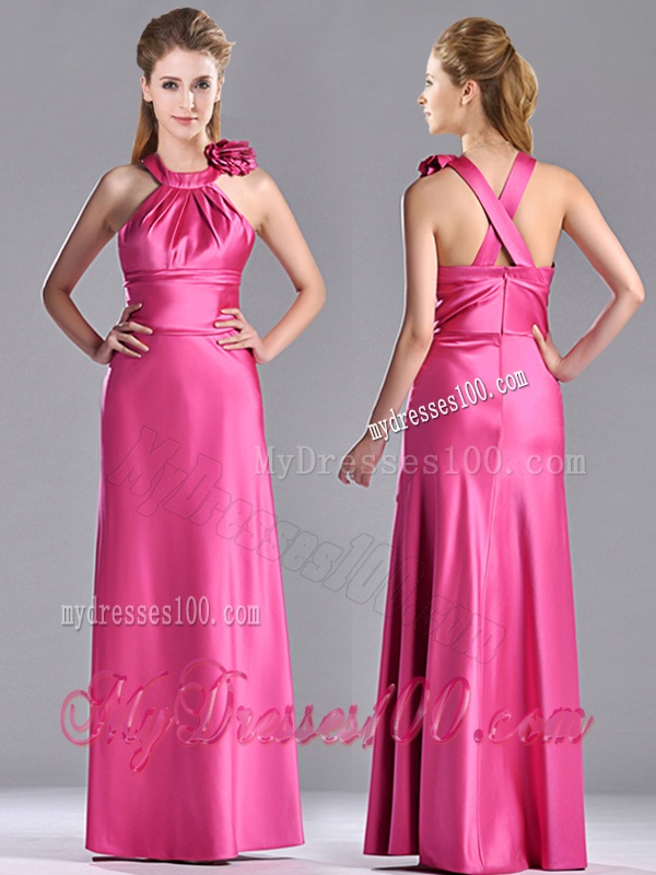 New Style Hand Crafted Flowers Hot Pink Evening Dress with Criss Cross