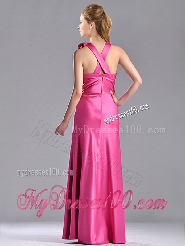 New Style Hand Crafted Flowers Hot Pink Evening Dress with Criss Cross