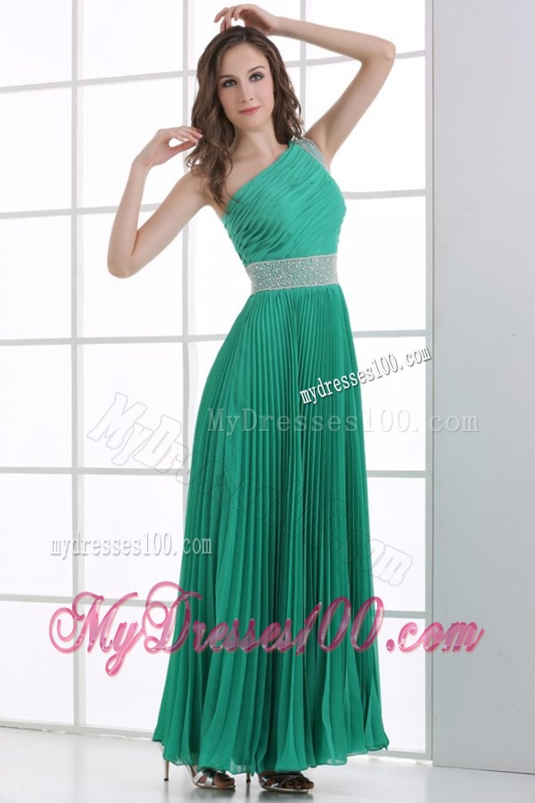 One Shoulder Green Empire Ankle-length Beading and Pleats Evening Dress