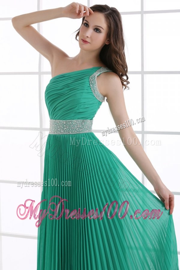 One Shoulder Green Empire Ankle-length Beading and Pleats Evening Dress