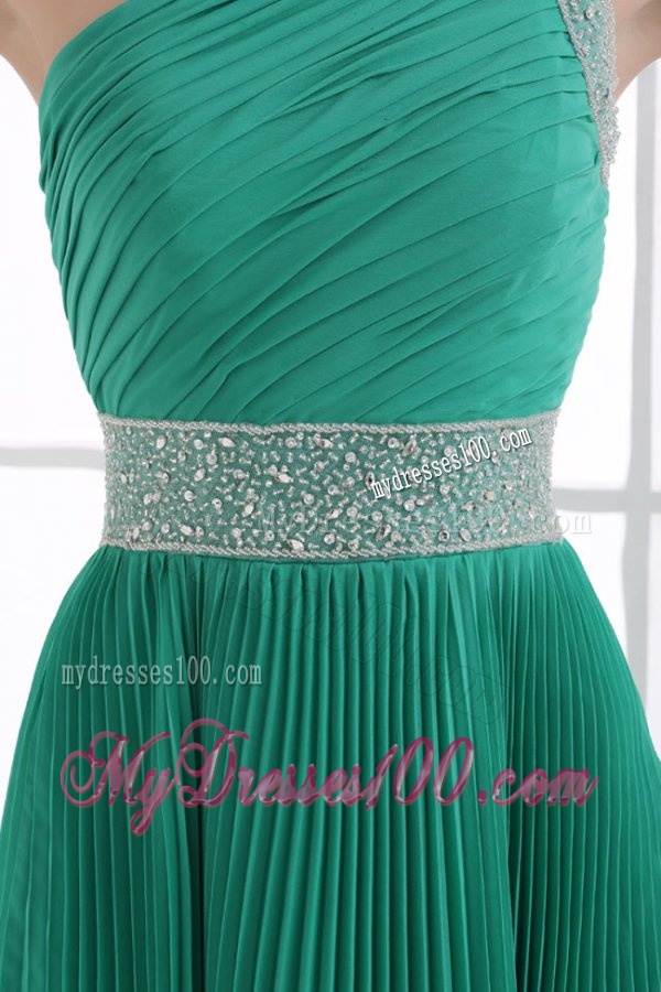 One Shoulder Green Empire Ankle-length Beading and Pleats Evening Dress