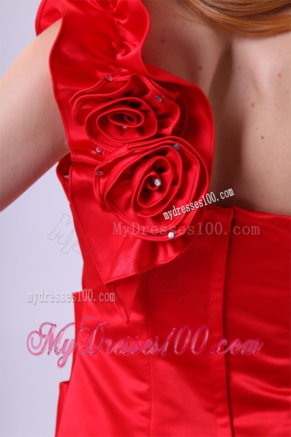 One Shoulder Mini-length Red Evening Dress with Flowers