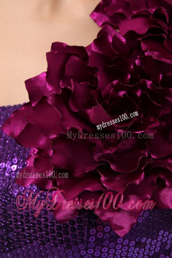 One Shoulder Purple Column Sequins Evening Dress with Hand Made Flowers