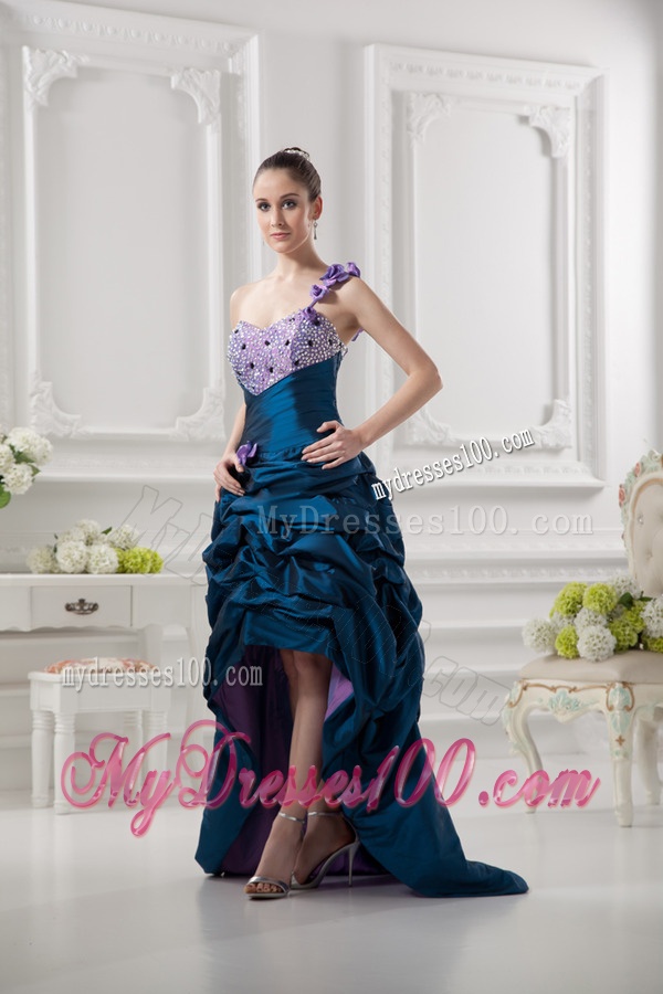One Shoulder Sweetheart Pick-ups Beading Navy Blue Evening Dress