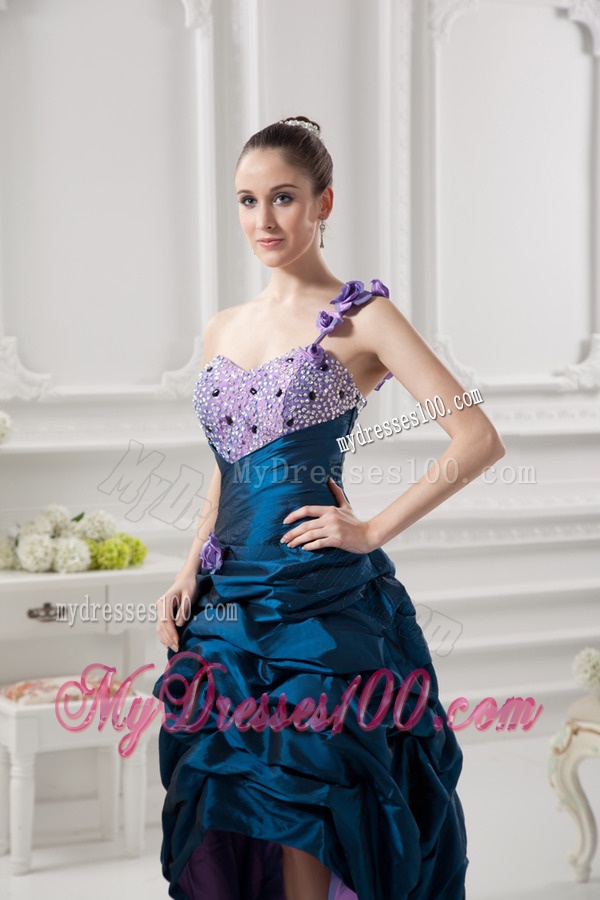 One Shoulder Sweetheart Pick-ups Beading Navy Blue Evening Dress