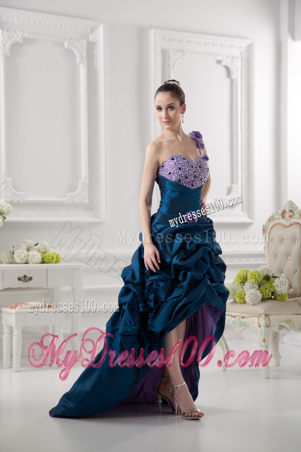 One Shoulder Sweetheart Pick-ups Beading Navy Blue Evening Dress