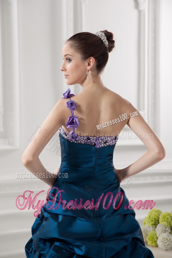 One Shoulder Sweetheart Pick-ups Beading Navy Blue Evening Dress
