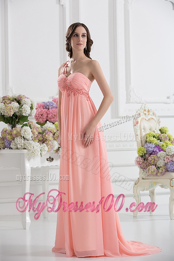 Peach Empire Brush Train Evening Dress with Ruching and Appliques