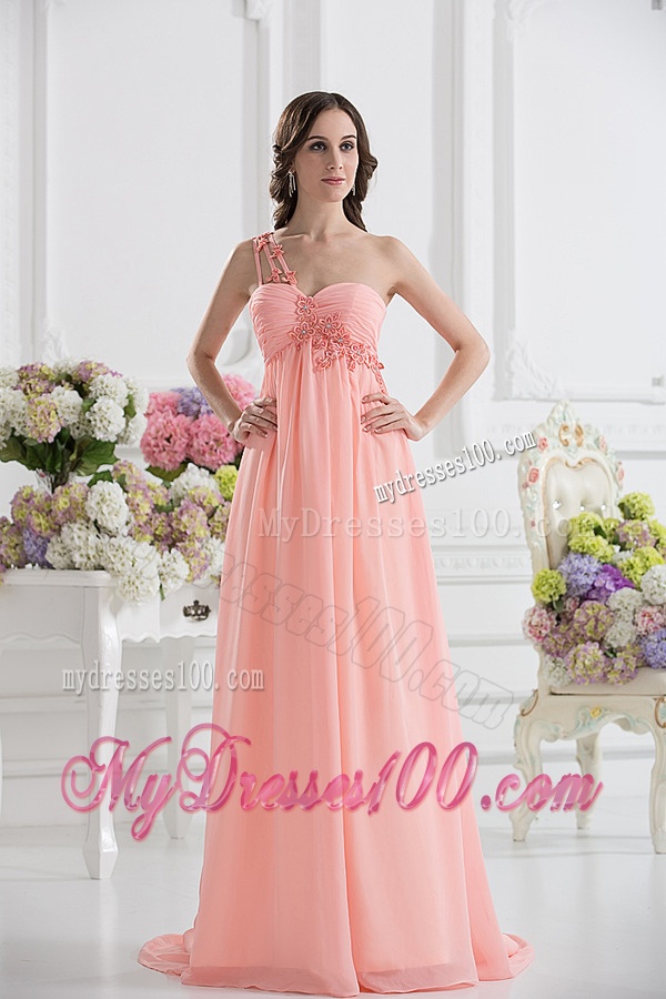 Peach Empire Brush Train Evening Dress with Ruching and Appliques