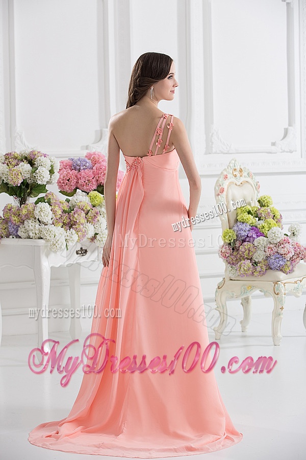 Peach Empire Brush Train Evening Dress with Ruching and Appliques
