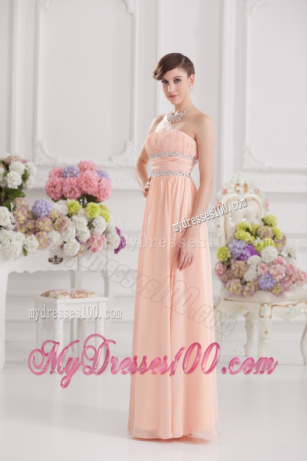 Peach Empire Strapless Evening Dress with Ruching and Beading