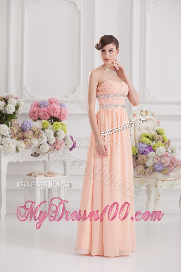 Peach Empire Strapless Evening Dress with Ruching and Beading