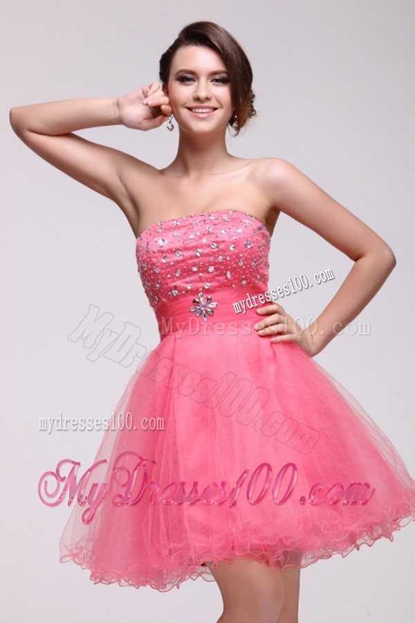 Pink Strapless Beaded Short Evening Dress with A-line