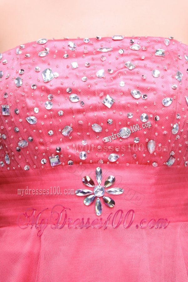 Pink Strapless Beaded Short Evening Dress with A-line