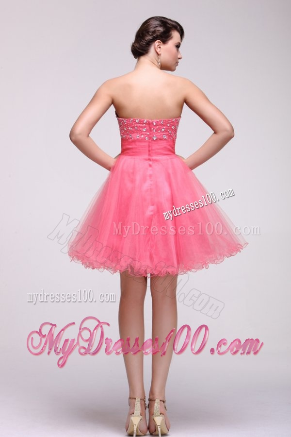 Pink Strapless Beaded Short Evening Dress with A-line