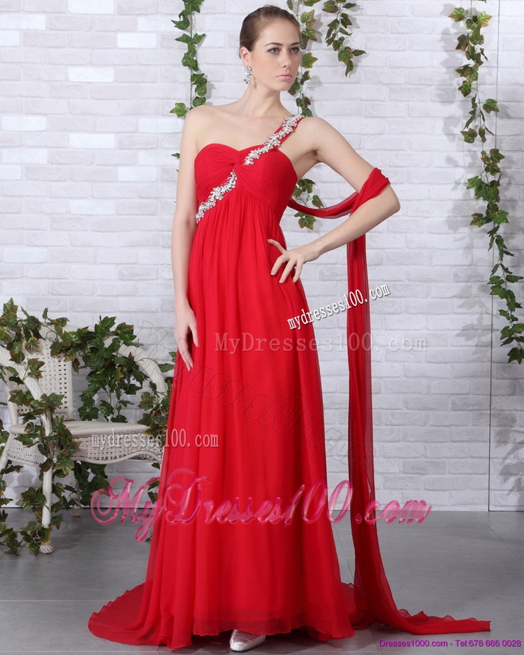 Popular 2016 One Shoulder Red Evening Dress with Beadings and Brush Train