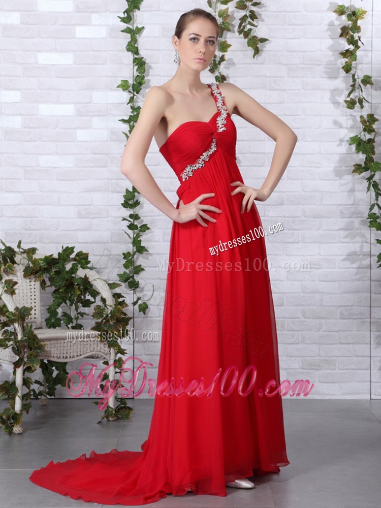 Popular 2016 One Shoulder Red Evening Dress with Beadings and Brush Train