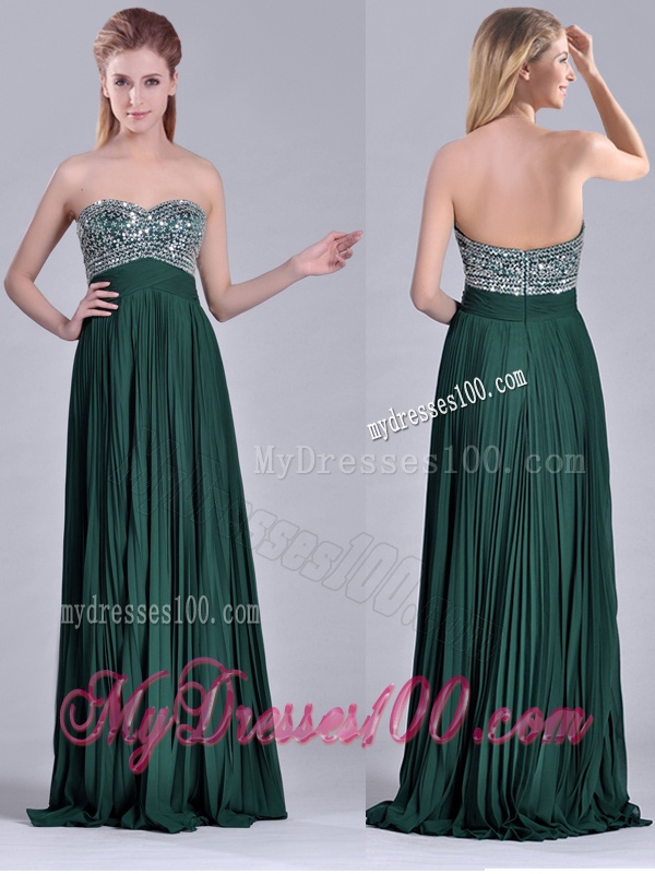 Popular Brush Train Beaded Bust and Pleated Evening Dress in Hunter Green
