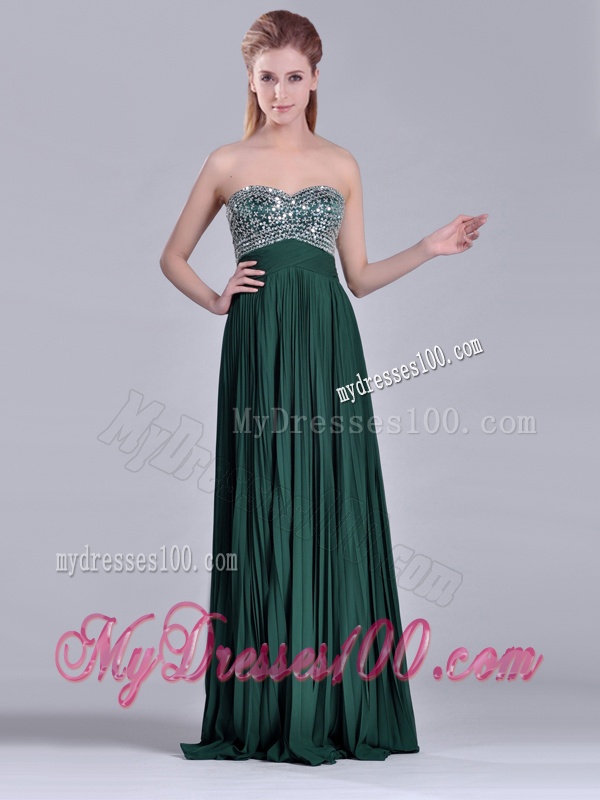 Popular Brush Train Beaded Bust and Pleated Evening Dress in Hunter Green