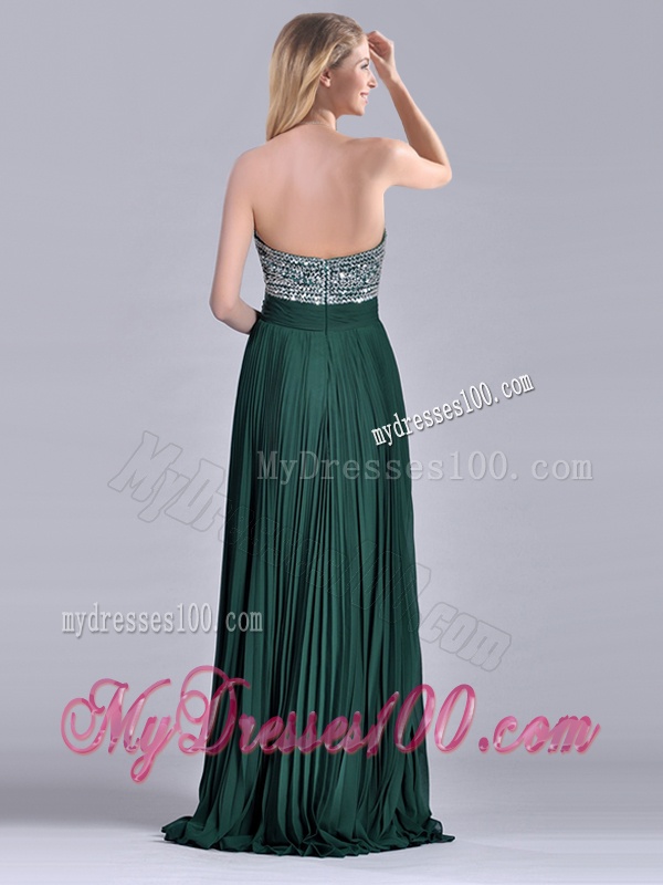 Popular Brush Train Beaded Bust and Pleated Evening Dress in Hunter Green
