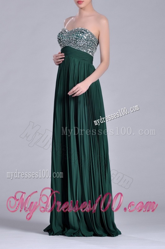 Popular Brush Train Beaded Bust and Pleated Evening Dress in Hunter Green