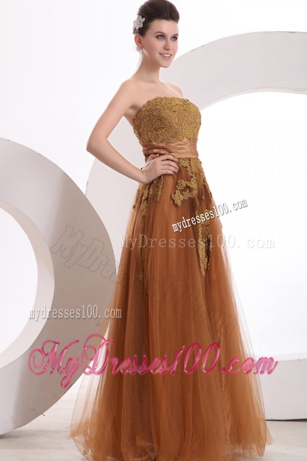 Popular Strapless Empire Floor-length Appliques Evening Dress in Brown