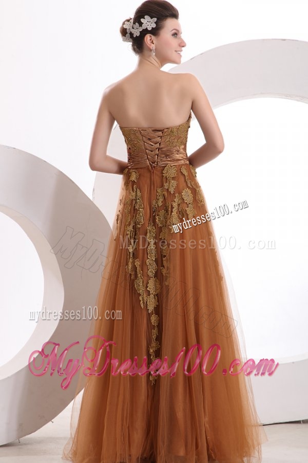 Popular Strapless Empire Floor-length Appliques Evening Dress in Brown