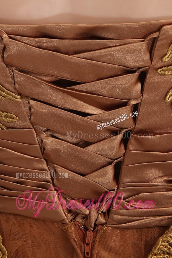 Popular Strapless Empire Floor-length Appliques Evening Dress in Brown
