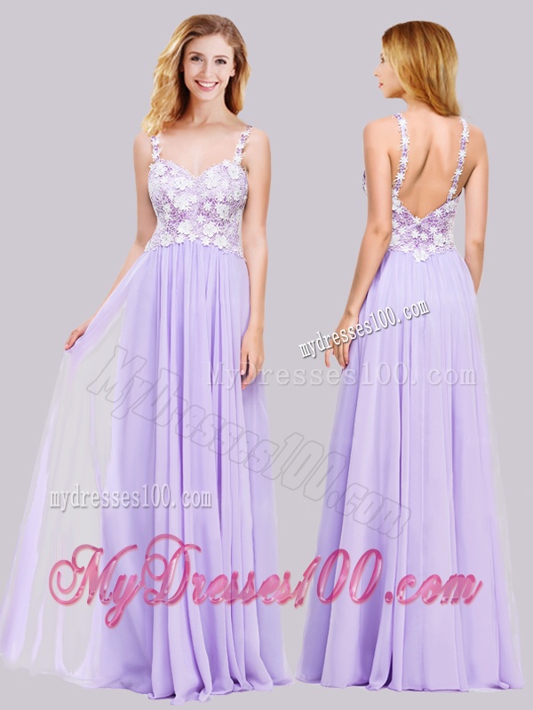 Popular Straps Applique Lavender Long Evening Dress in Chiffon