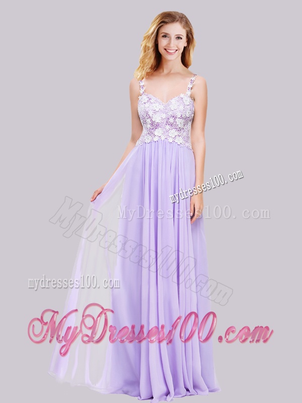 Popular Straps Applique Lavender Long Evening Dress in Chiffon