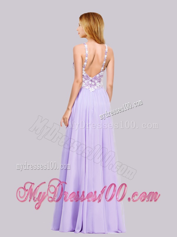 Popular Straps Applique Lavender Long Evening Dress in Chiffon