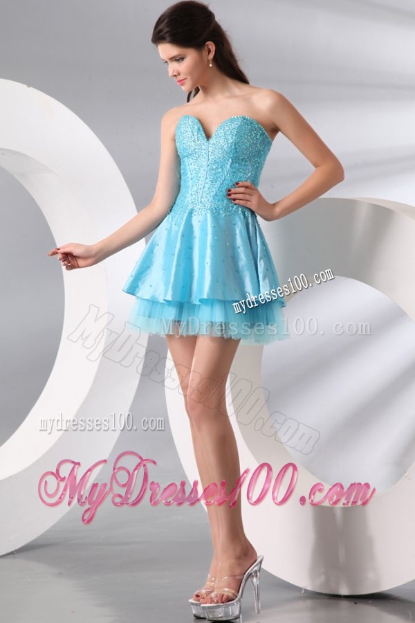 Princess Light Blue Sweetheart Mini-length Beading Evening Dress